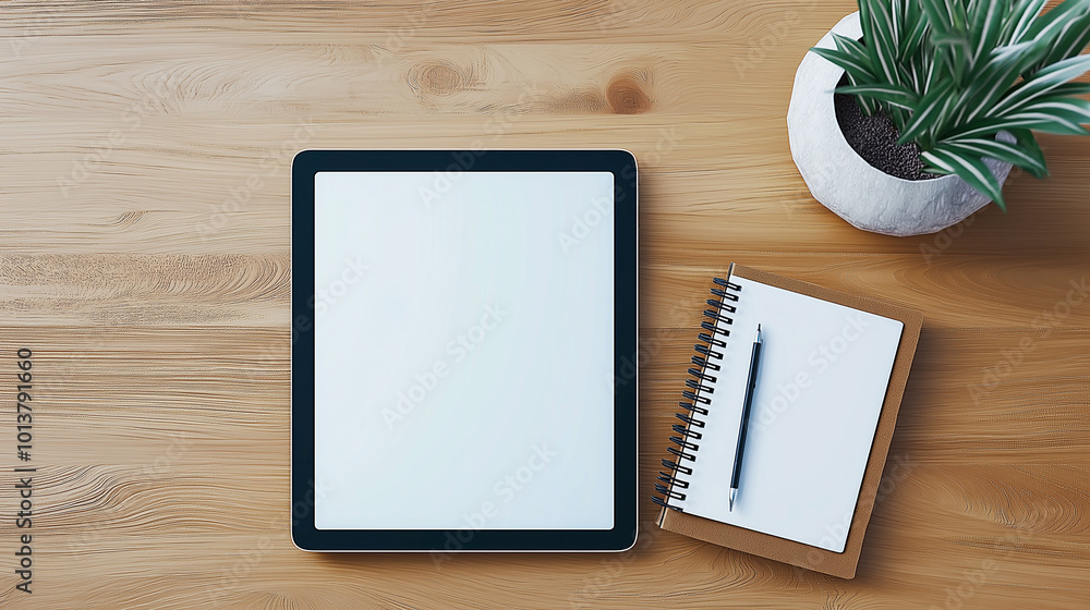 tablet and notebook are placed side by side on wooden surface, accompanied by potted plant, creating serene workspace atmosphere tablet and notebook are placed side by side on wooden surface, accompanied by potted plant, creating serene workspace atmosphere