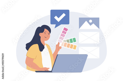 Design development concept in modern flat design for web. Woman brainstorming and selecting colour swatches in palettes, creating images, building layout and working at laptop. Vector illustration.