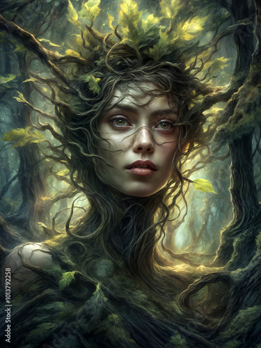 Spirit of the forest. Forest woman among the bushes. Mythical creature