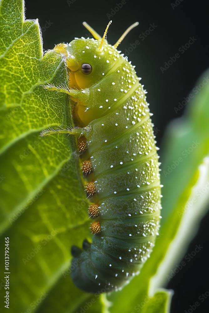 Naklejka premium Green caterpillar on a leaf, macro photography