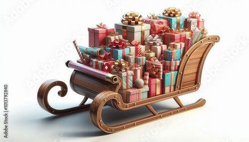 Santa's sleigh full of gift boxes on white background