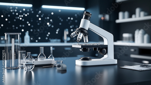 modern microscope and various glass laboratory equipment are displayed on sleek lab table, creating sophisticated scientific atmosphere