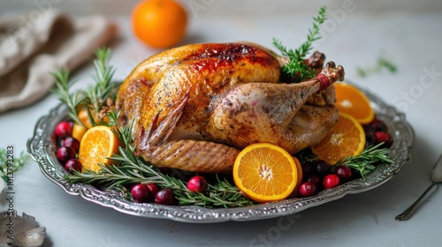 A Thanksgiving turkey on a silver platter, garnished with oranges, cranberries, and sprigs of rosemary.