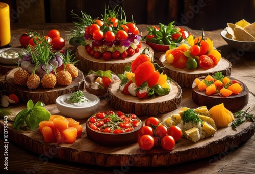 vibrant display colorful appetizers arranged rustic wooden platter capturing essence culinary art, gourmet, snack, freshness, seasoning, presentation photo