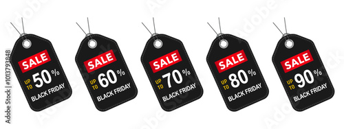 Black Friday offer ticket. Big sales ad sticker set. Illustration, logo, stamp, emblem, mark or seal.