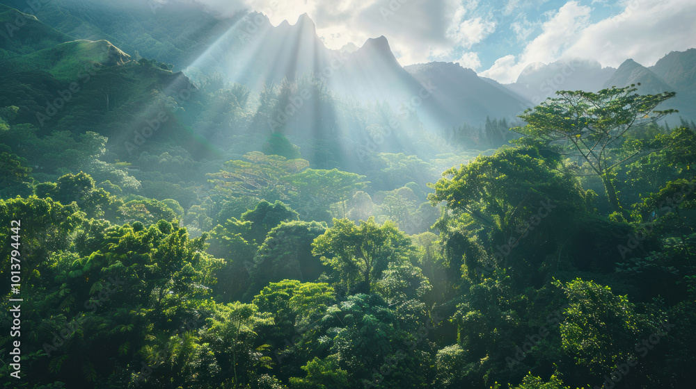Obraz premium A dense forest at the foot of towering mountains, with sunlight breaking through the canopy
