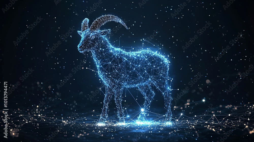 An illuminated digital figure of a goat emerging in a starry cosmos, presenting an artistic merge of natural form and technological advancements on display. An illuminated digital figure of a goat emerging in a starry cosmos, presenting an artistic merge of natural form and technological advancements on display.