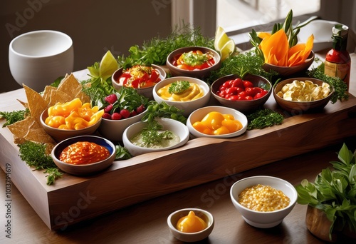 vibrant crisp snack arrangements featuring colorful dipping sauces delightful presentation, appetizer, bamboo, bowl, cheddar, chunky, condiment, crunchy