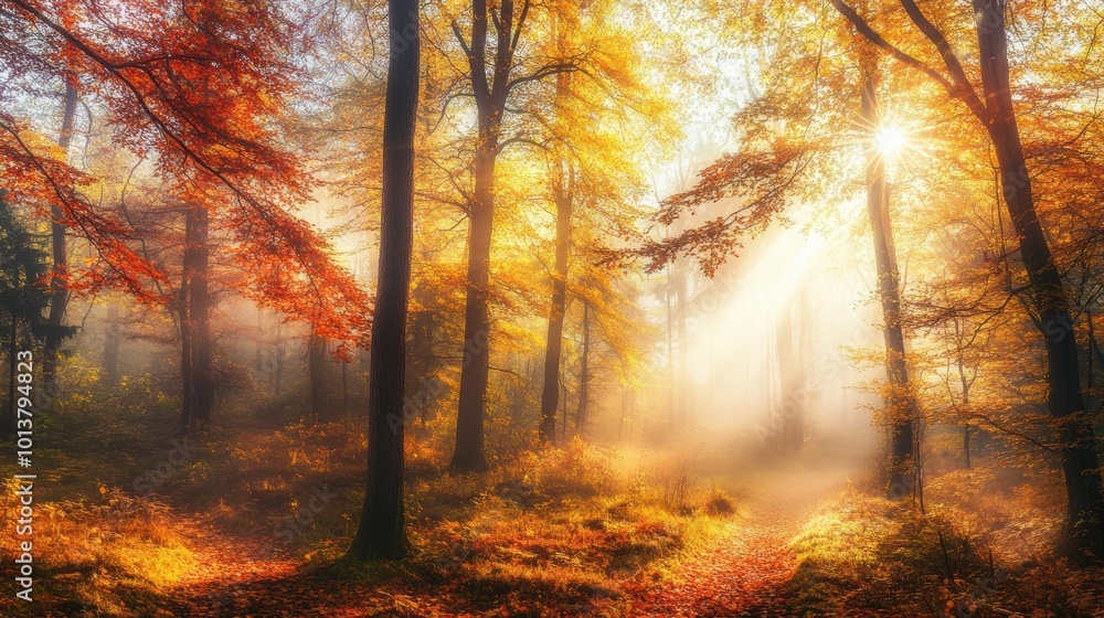 Vibrant autumn forest with golden and red leaves, sunlight streaming through the trees Vibrant autumn forest with golden and red leaves, sunlight streaming through the trees