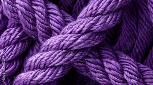 Close-up of purple twisted, rough, violet jute cord with knots