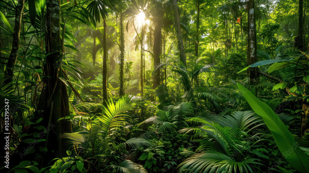 Fototapeta premium A dense rainforest with lush vegetation, tall trees, and sunlight streaming through the thick canopy