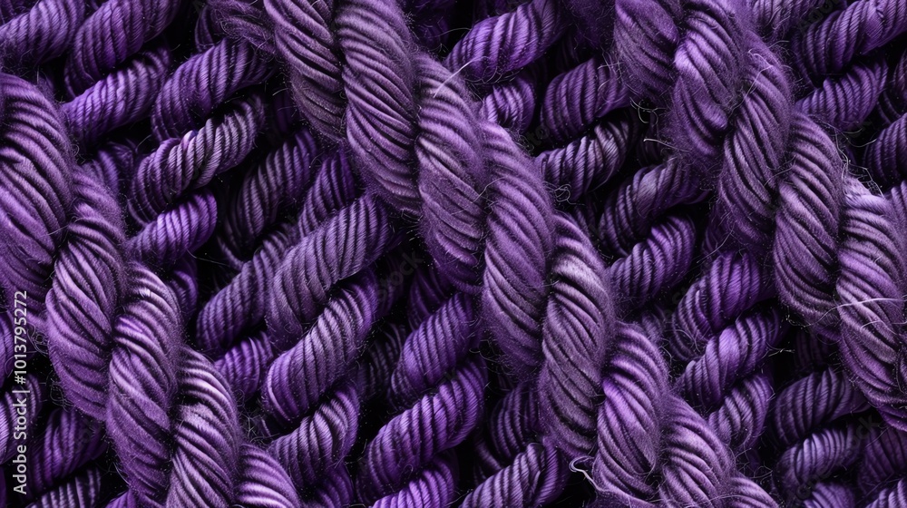 Close-up of purple twisted, rough, violet jute cord with knots Close-up of purple twisted, rough, violet jute cord with knots