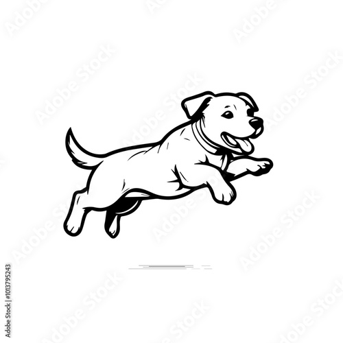 Energetic Jumping Dog Vector Illustration – Detailed Black and White Running Canine Art in Motion – Playful Pet Graphic for Animal Lovers and Designers