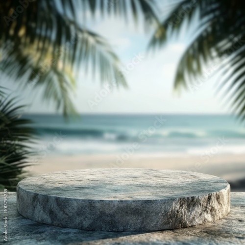 Empty stone table top on blur tropical beach background. For product displayEmpty top of stone table and blur tropical beach background. For product displayEmpty top of natural stone table with blurre photo