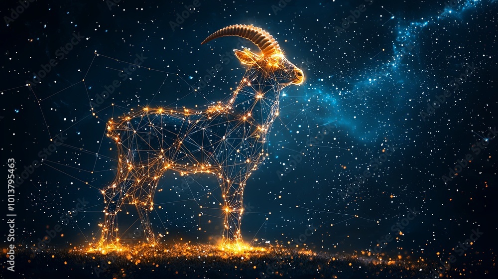 A glowing goat figure, rich with celestial energy, exudes ethereal cosmic beauty in this stunning digital creation of interwoven light and mystique in a night sky. A glowing goat figure, rich with celestial energy, exudes ethereal cosmic beauty in this stunning digital creation of interwoven light and mystique in a night sky.
