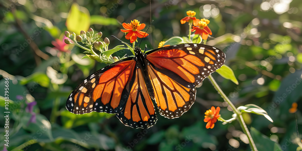 An orange and black monarch butterfly fluttering from one flower to another in a lush garden, its intricate wings catching the sunlight. An orange and black monarch butterfly fluttering from one flower to another in a lush garden, its intricate wings catching the sunlight.