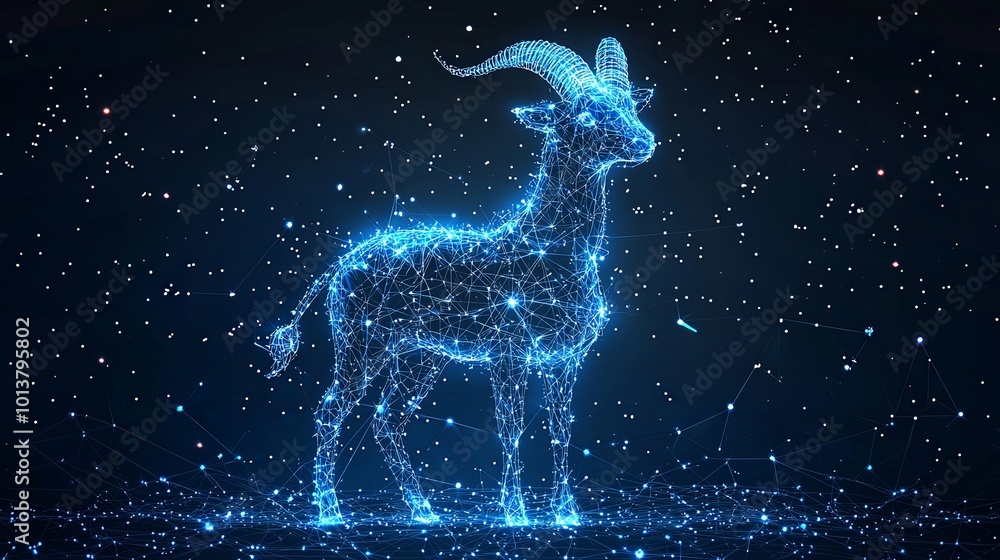 A spectral goat shape composed of intersecting light lines surrounded by a vast universe of twinkling stars, merging art with celestial majesty. A spectral goat shape composed of intersecting light lines surrounded by a vast universe of twinkling stars, merging art with celestial majesty.