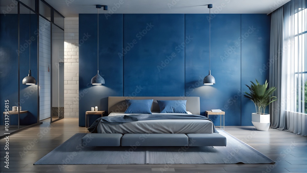 Minimalist interior design of modern bedroom with indigo blue wall Minimalist interior design of modern bedroom with indigo blue wall