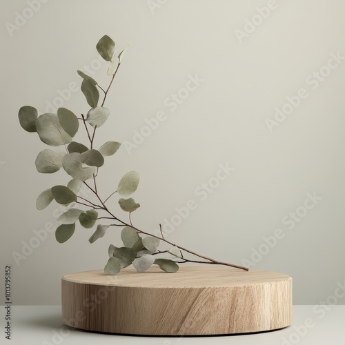 Wooden podium with eucalyptus branch on gray backgroundWooden podium with eucalyptus branches on grey background photo