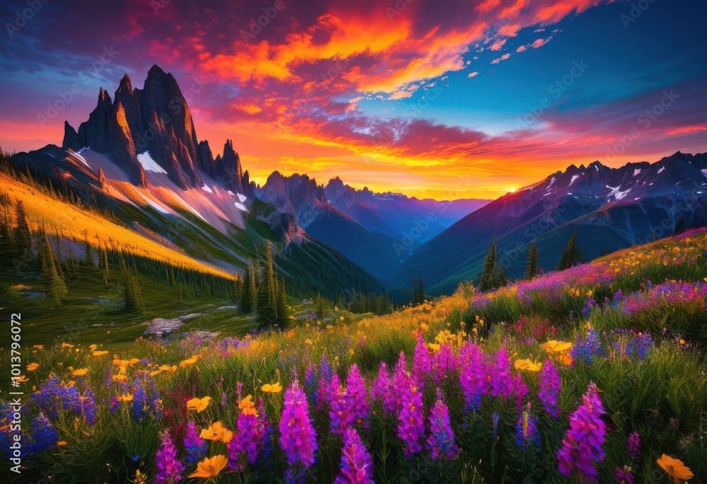 Obraz premium vibrant sunrise illuminates untouched majestic mountainscape rich colors glowing skies, terrain, illuminated, nature, landscape, scenery, horizon, view, dawn