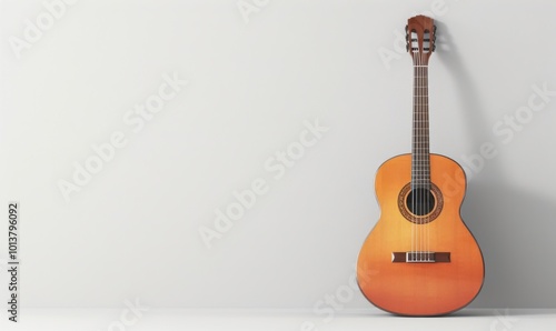 Classic acoustic guitar, white background, 4K hyperrealistic photo