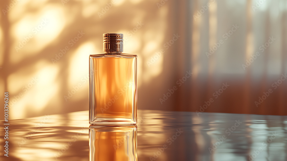 A single bottle of perfume stands on a glossy surface, bathed in soft, warm light. The golden hue of the liquid inside the bottle is reflected in the surface, creating a mesmerizing scene. A single bottle of perfume stands on a glossy surface, bathed in soft, warm light. The golden hue of the liquid inside the bottle is reflected in the surface, creating a mesmerizing scene.