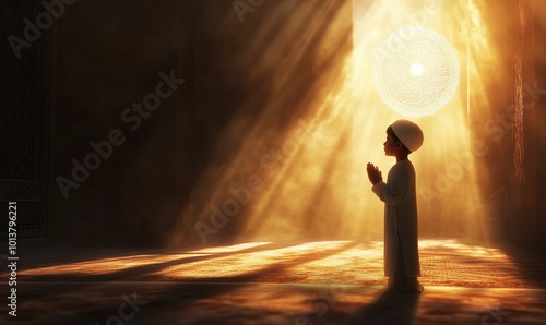 Boy praying in a mosque with sunlight. photo