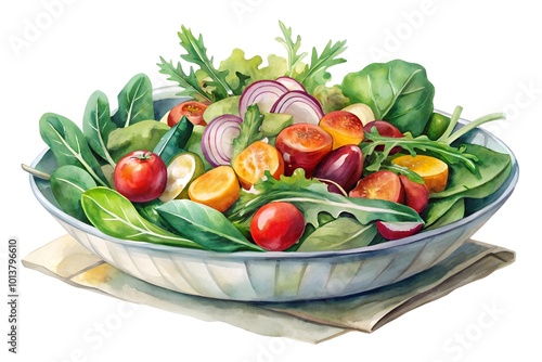 Watercolor hand drawn Fresh vegetable salad on a white background
