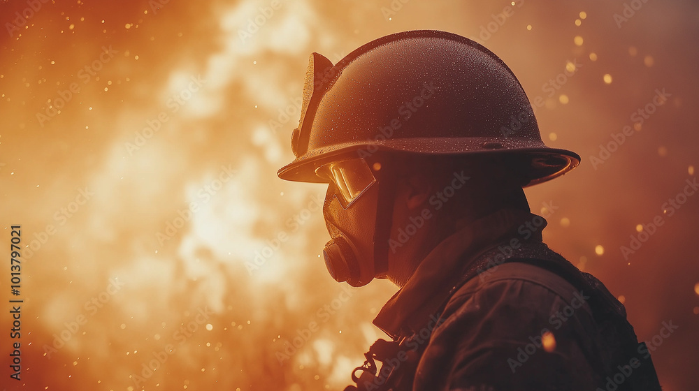 Obraz premium Silhouette of a firefighter with a helmet, overlaid with swirling smoke and flames, symbolizing the fight against destruction
