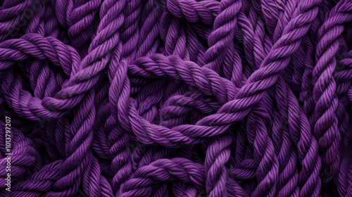 Close-up of purple twisted, rough, violet jute cord with knots