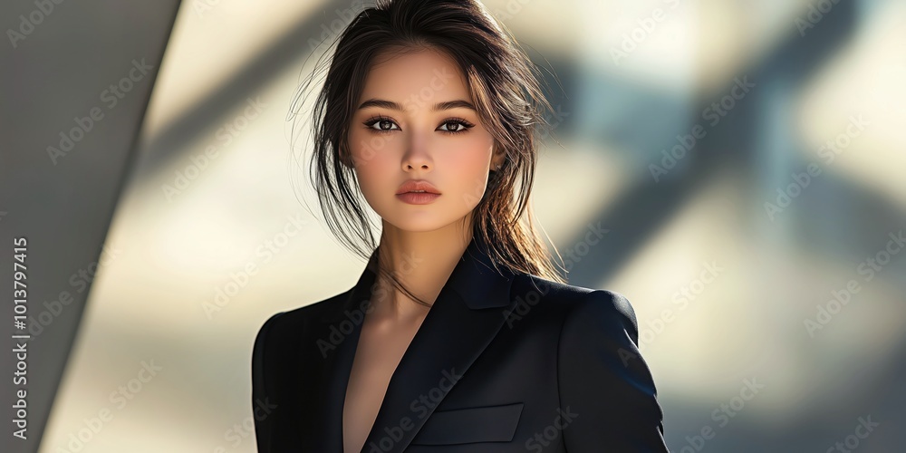 Fashion photography, portrait, business attire, professional female model in a tailored black power suit Fashion photography, portrait, business attire, professional female model in a tailored black power suit
