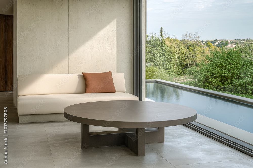 Fototapeta premium Modern living area with a minimalist sofa and a scenic outdoor view in soft natural light