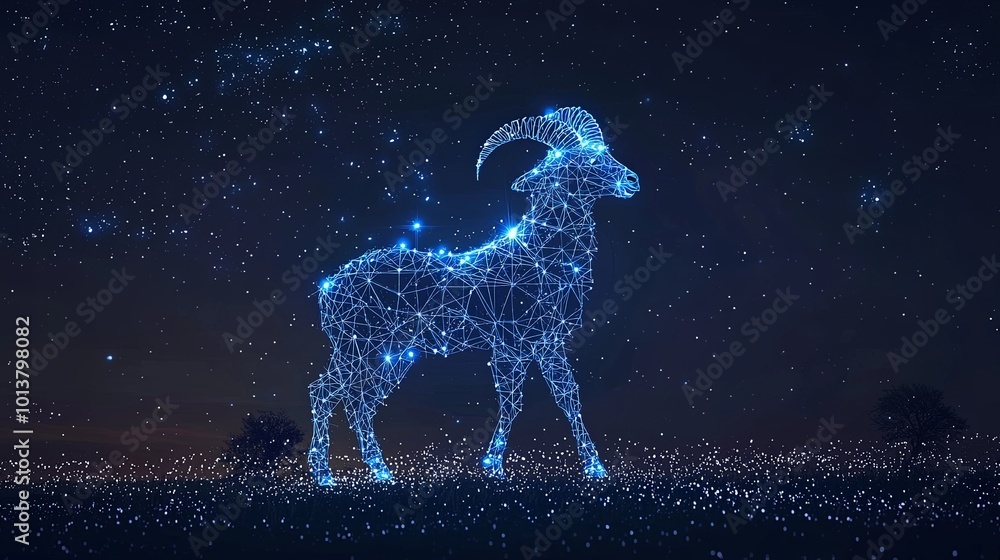 A mystical goat figure made of glowing blue lines stands against a starry night background, symbolizing cosmic wonders and imaginative artistry in a digital realm. A mystical goat figure made of glowing blue lines stands against a starry night background, symbolizing cosmic wonders and imaginative artistry in a digital realm.