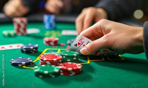 Poker hand, chips, green felt, playing cards.