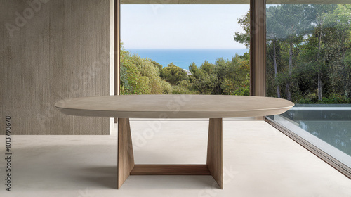 Modern oval dining table in minimalist indoor setting with scenic coastal view
