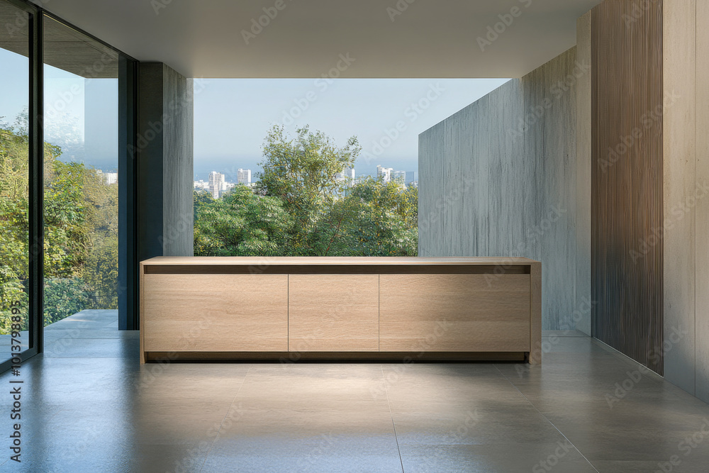 Fototapeta premium Modern interior design featuring a sleek wooden cabinet and a view of lush greenery
