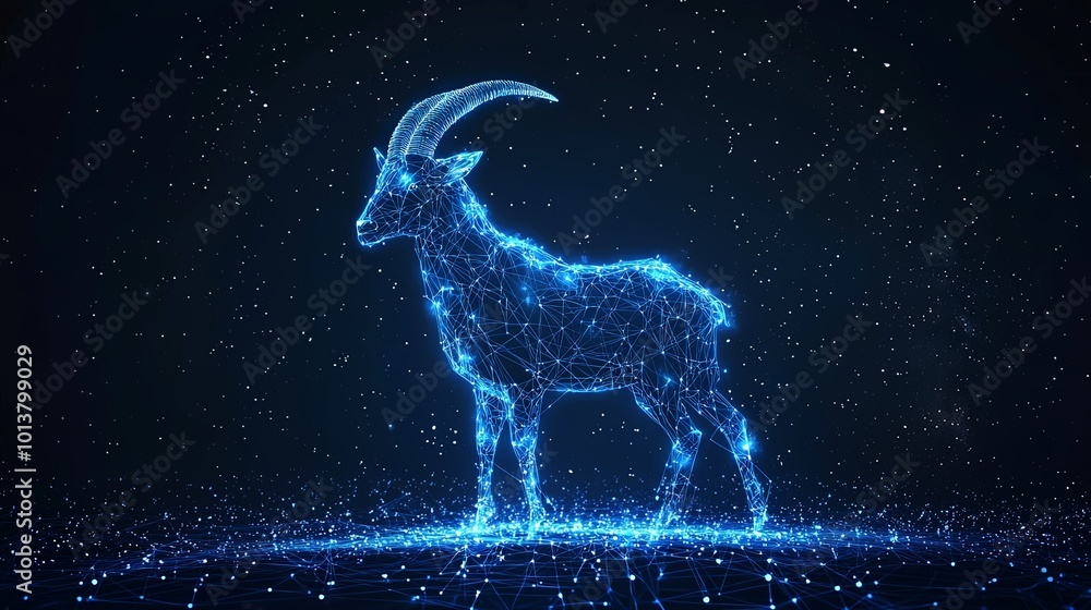 A captivating digital art piece portraying a luminous goat sculpture composed of interconnected points and lines, set against a brilliant night sky filled with stars. A captivating digital art piece portraying a luminous goat sculpture composed of interconnected points and lines, set against a brilliant night sky filled with stars.