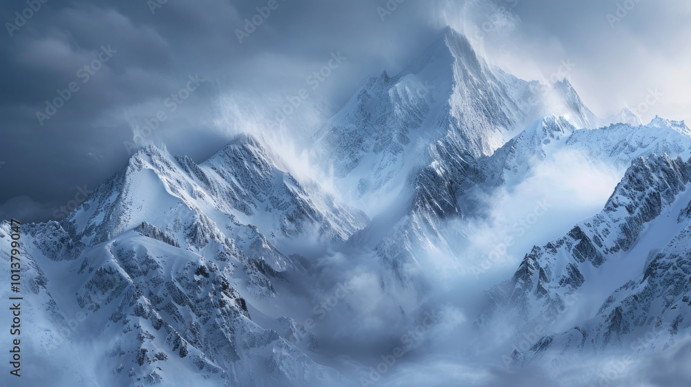 Fototapeta premium A dramatic view of snowy mountain cliffs, with clouds swirling around the peaks in a winter storm