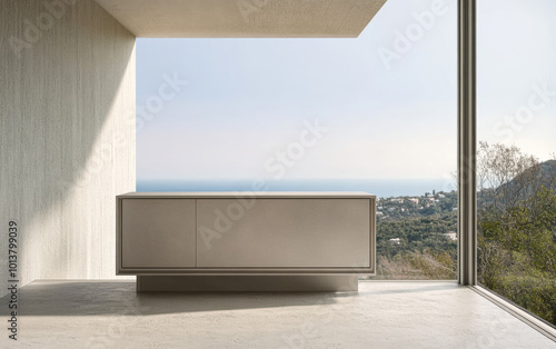 Sleek modern furniture piece in a bright minimalist room with a stunning ocean view