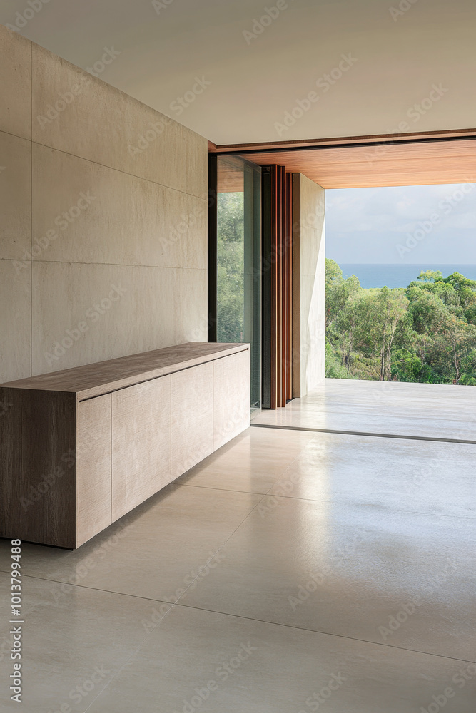 Fototapeta premium Modern interior design featuring a sleek wooden cabinet and panoramic views of nature