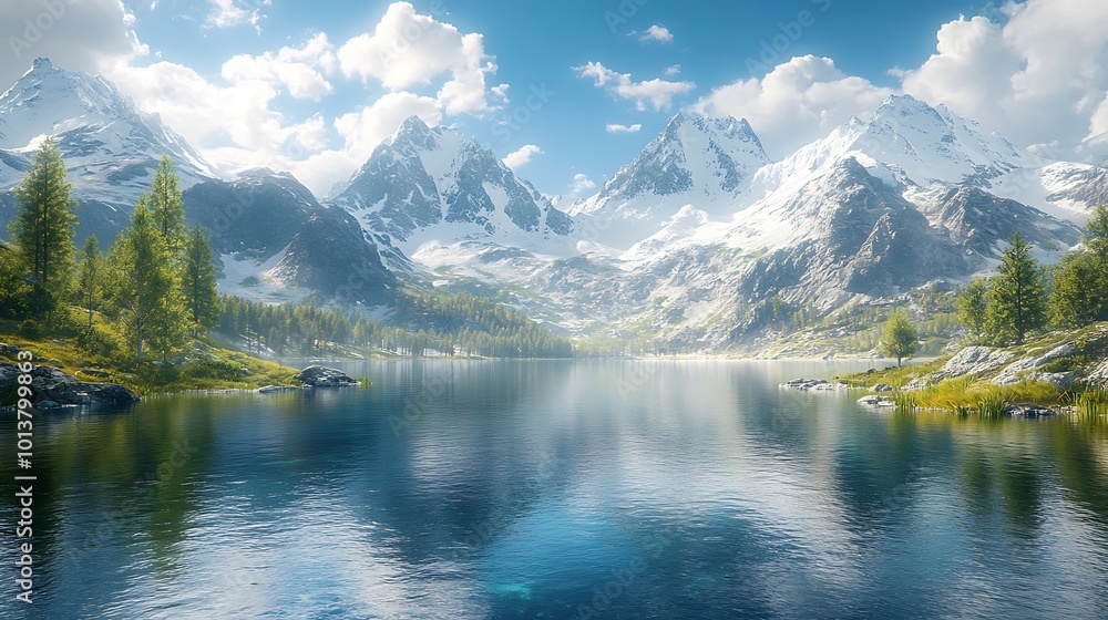 Fototapeta premium Scenic panorama of a serene lake nestled between towering snow capped mountains