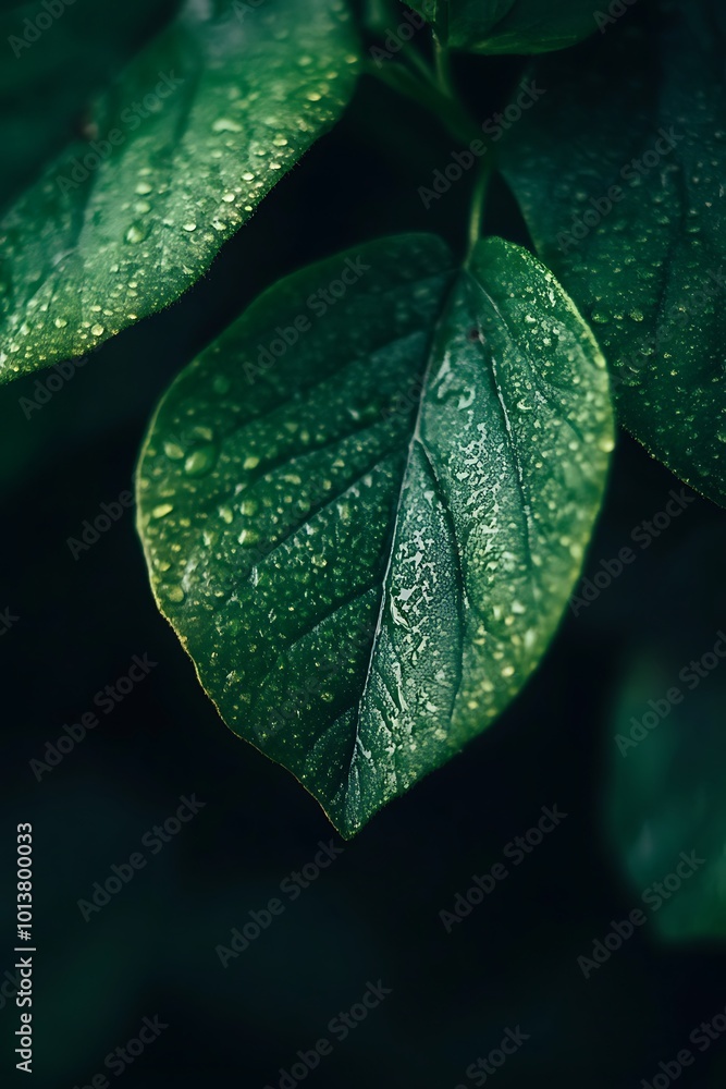 Fototapeta premium Close up of green leaves covered in dew drops, fresh and vibrant, nature, spring, plant