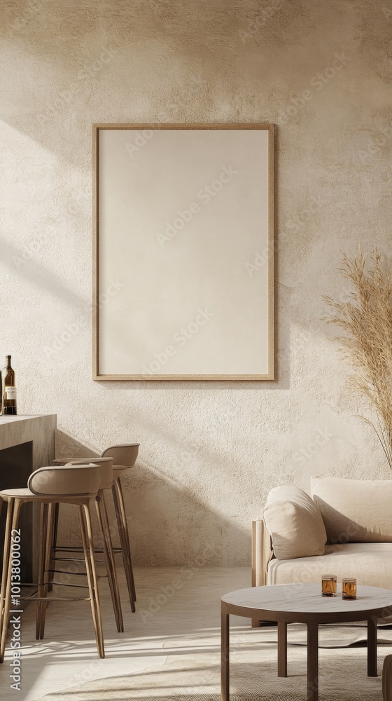 A chic living area with open layout boasts earthy hues and sleek furniture, framed by texturally rich walls and soft lighting. A chic living area with open layout boasts earthy hues and sleek furniture, framed by texturally rich walls and soft lighting.