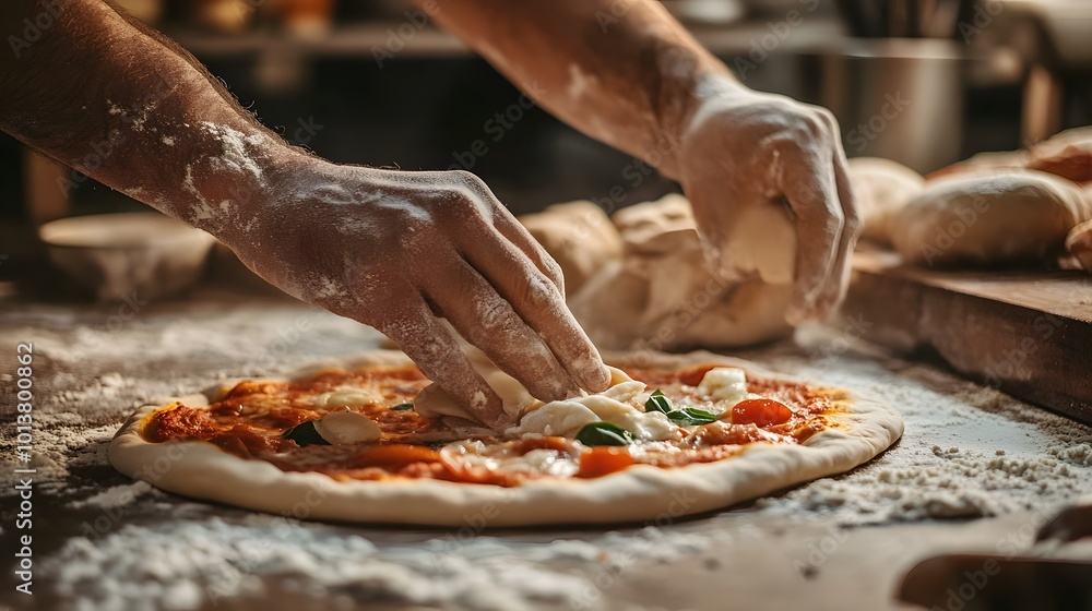 Hands kneading and stretching pizza dough on a floured surface, emphasizing the tactile nature of the preparation process Hands kneading and stretching pizza dough on a floured surface, emphasizing the tactile nature of the preparation process