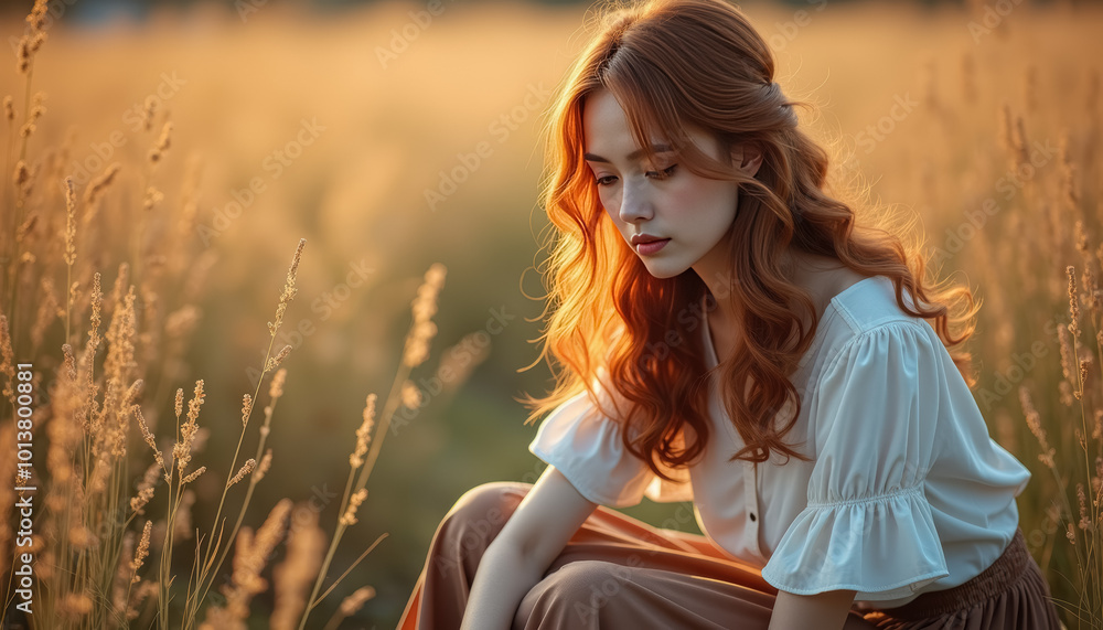 Obraz premium A contemplative woman in a wheat field during sunset