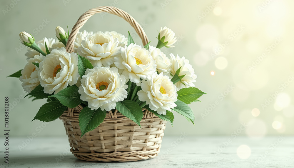 A basket of white flowers on a neutral background A basket of white flowers on a neutral background
