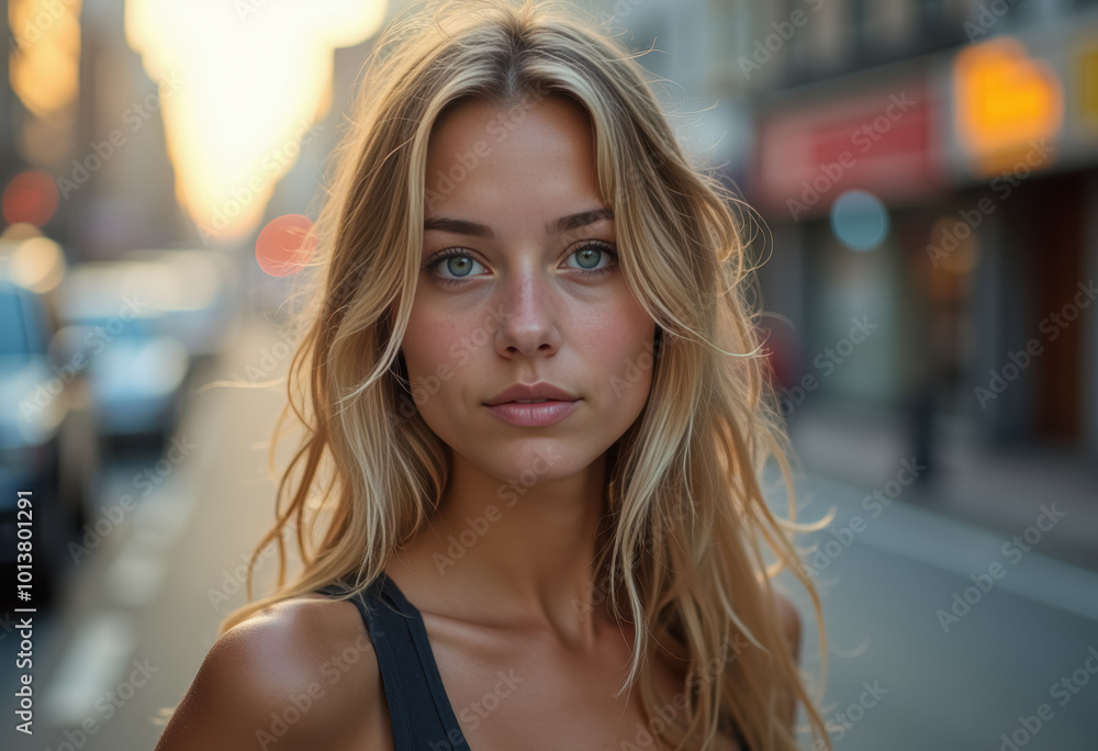 Young woman posing on a city street during sunset Young woman posing on a city street during sunset