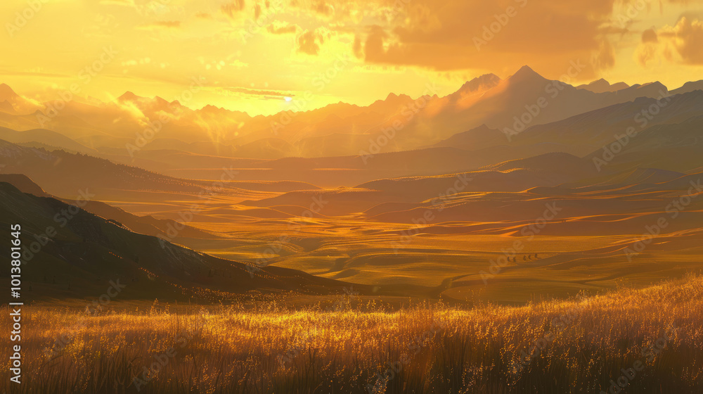 A golden sunrise over a distant mountain range, casting long shadows across the valley floor A golden sunrise over a distant mountain range, casting long shadows across the valley floor