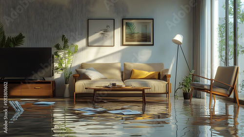 modern home living room flood flooding water leakage leak incident accident furniture wet damaged insurance overflow storm heavy rain damage destroy destruction natural disaster