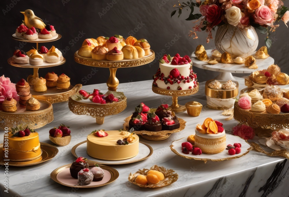 luxurious vibrant dessert spread featuring plush textures rich beautifully arranged tempting visual impact, cake, layers, pastry, tart, mousse, macaron luxurious vibrant dessert spread featuring plush textures rich beautifully arranged tempting visual impact, cake, layers, pastry, tart, mousse, macaron